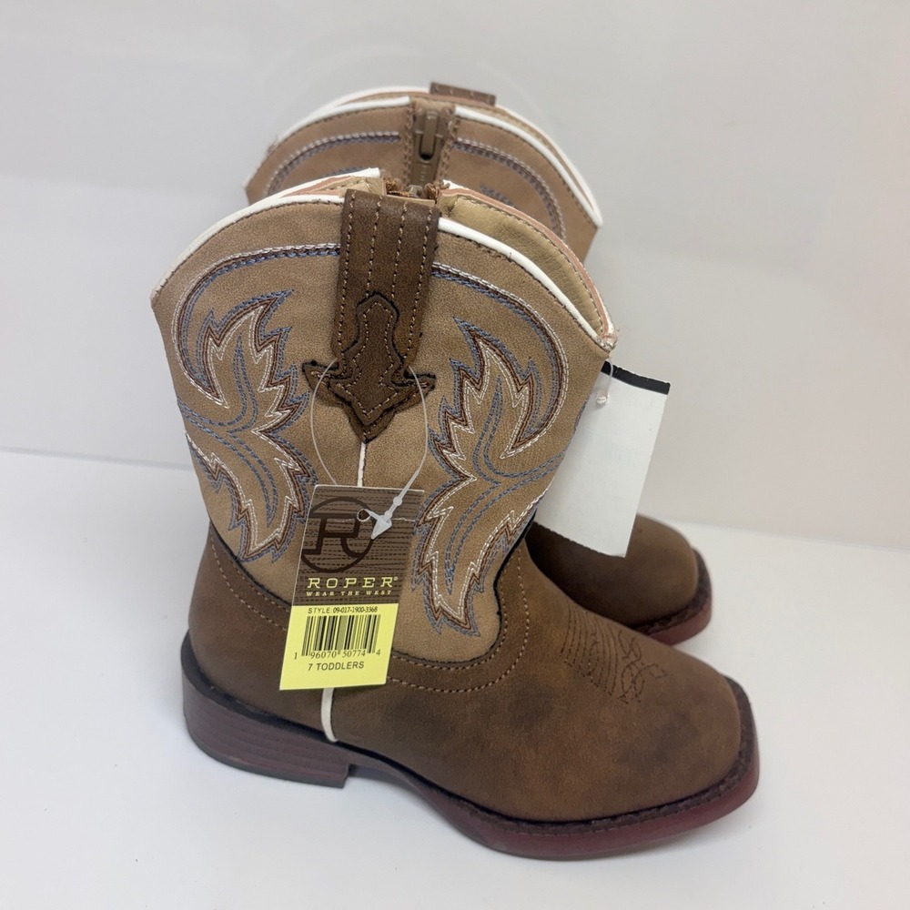 Roper Toddler 7 Eastwood Brown Tan Faux Leather Square Toe Cowboy Boots